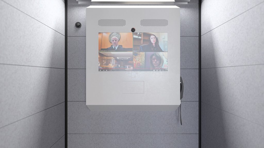 SnapCab Secure Canadian-made justice pods allow for the installation of video conferencing technologies, providing acoustically secure spaces for accessing legal services on-site.